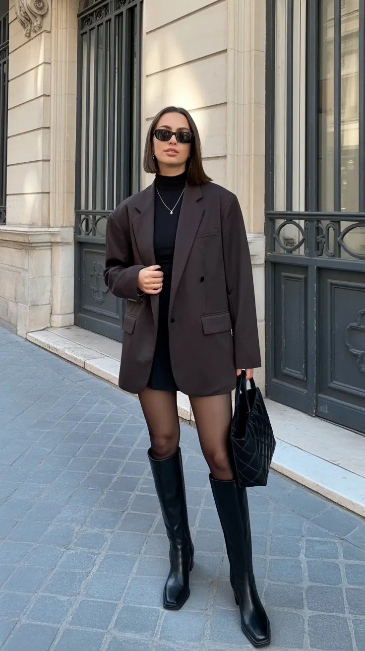 elegant spring break outfit 2026 Oversized Blazer Mini Moment With Tall Boots