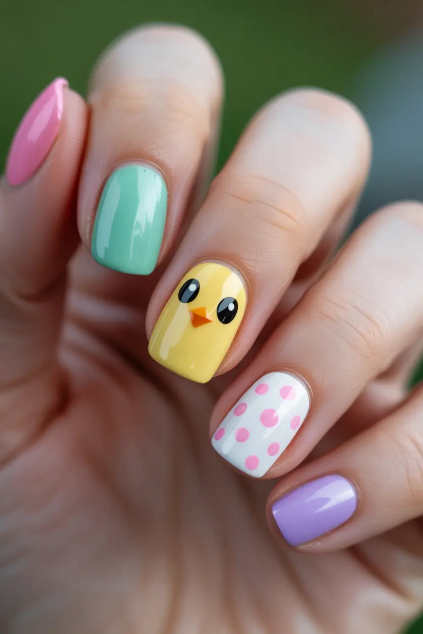 elegant fun spring nails 2026 + Pastel Chick Art On Short Square Nails