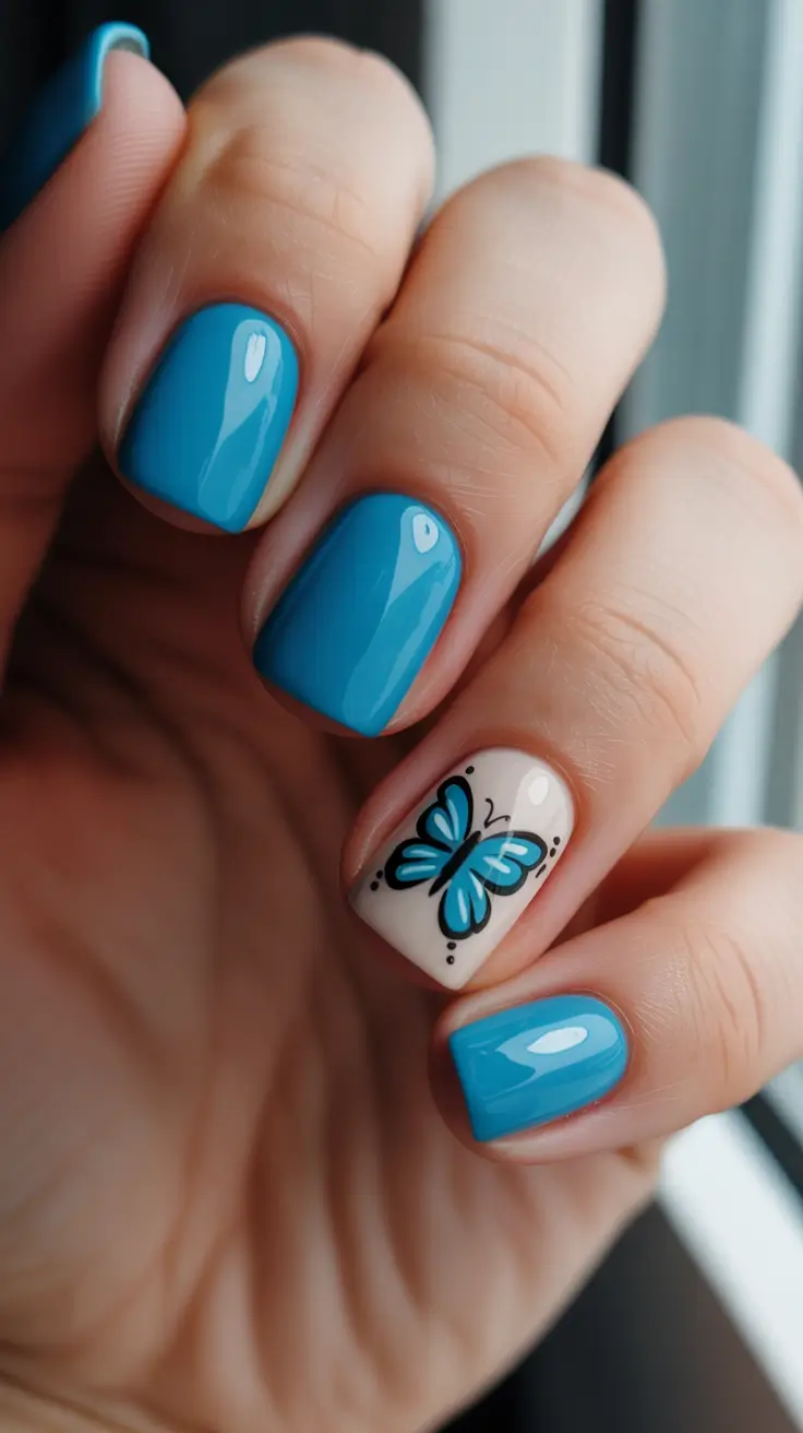 elegant fun spring nails 2026 + Bright Blue Minimal Set With A Butterfly Accent