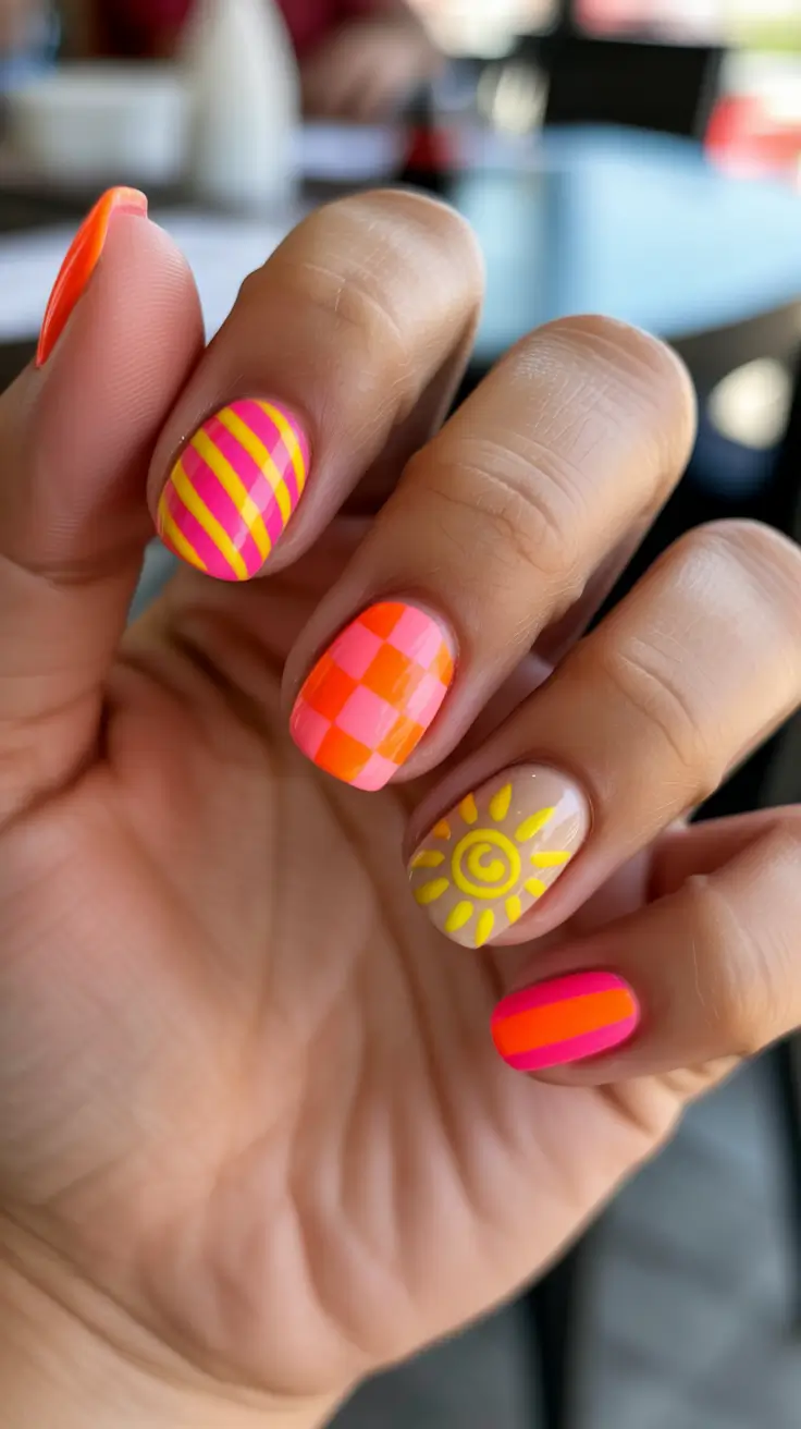 elegant fun spring nails 2026 + Neon Stripe And Checkerboard For A Playful Pop Moment