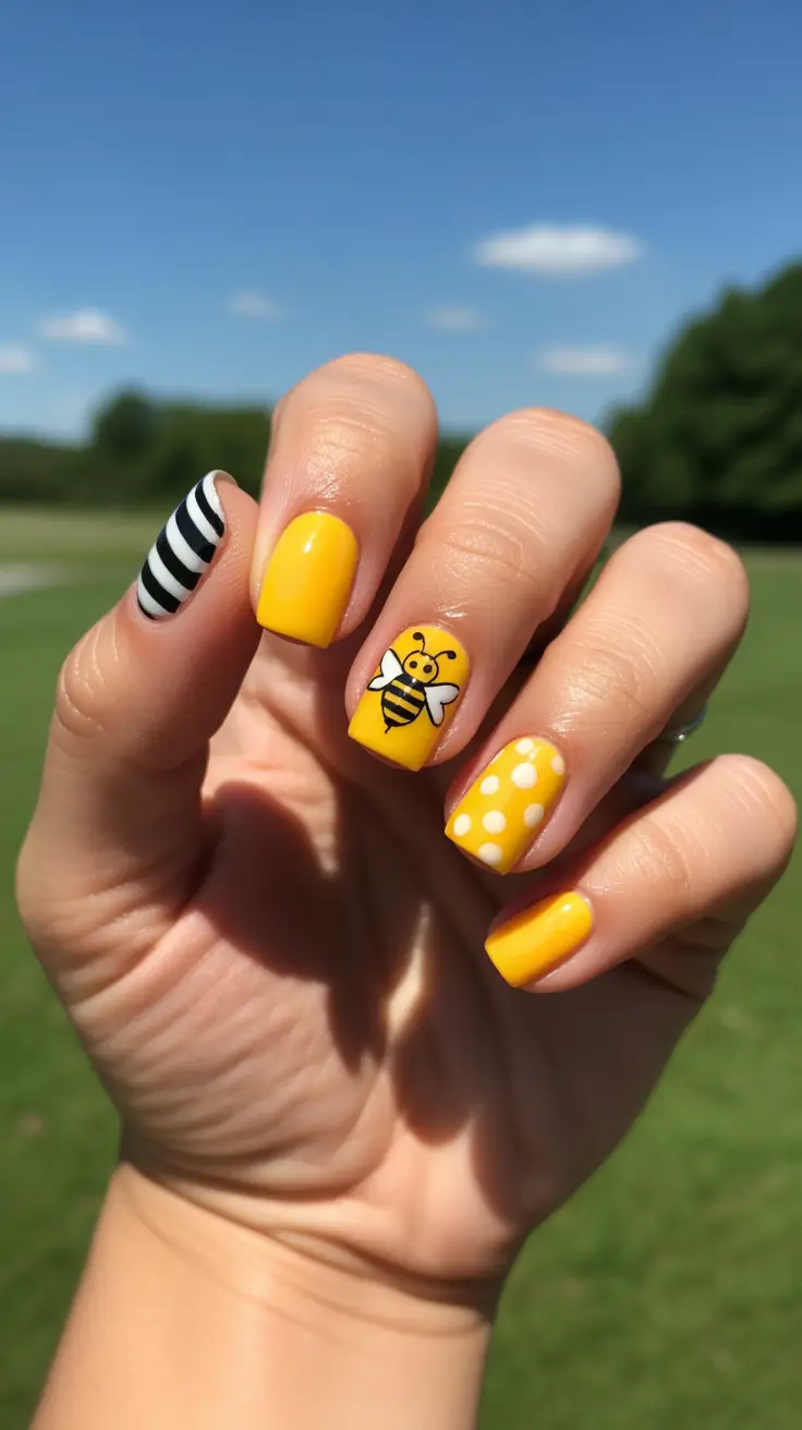 elegant fun spring nails 2026 + Honey Yellow With A Tiny Bee Accent For Spring Energy