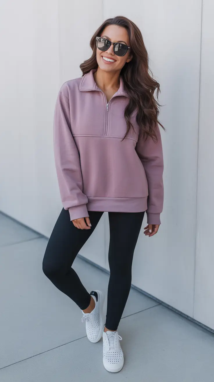 effortless leggings outfit spring 2026 + Soft Half-Zip And Black Leggings Energy