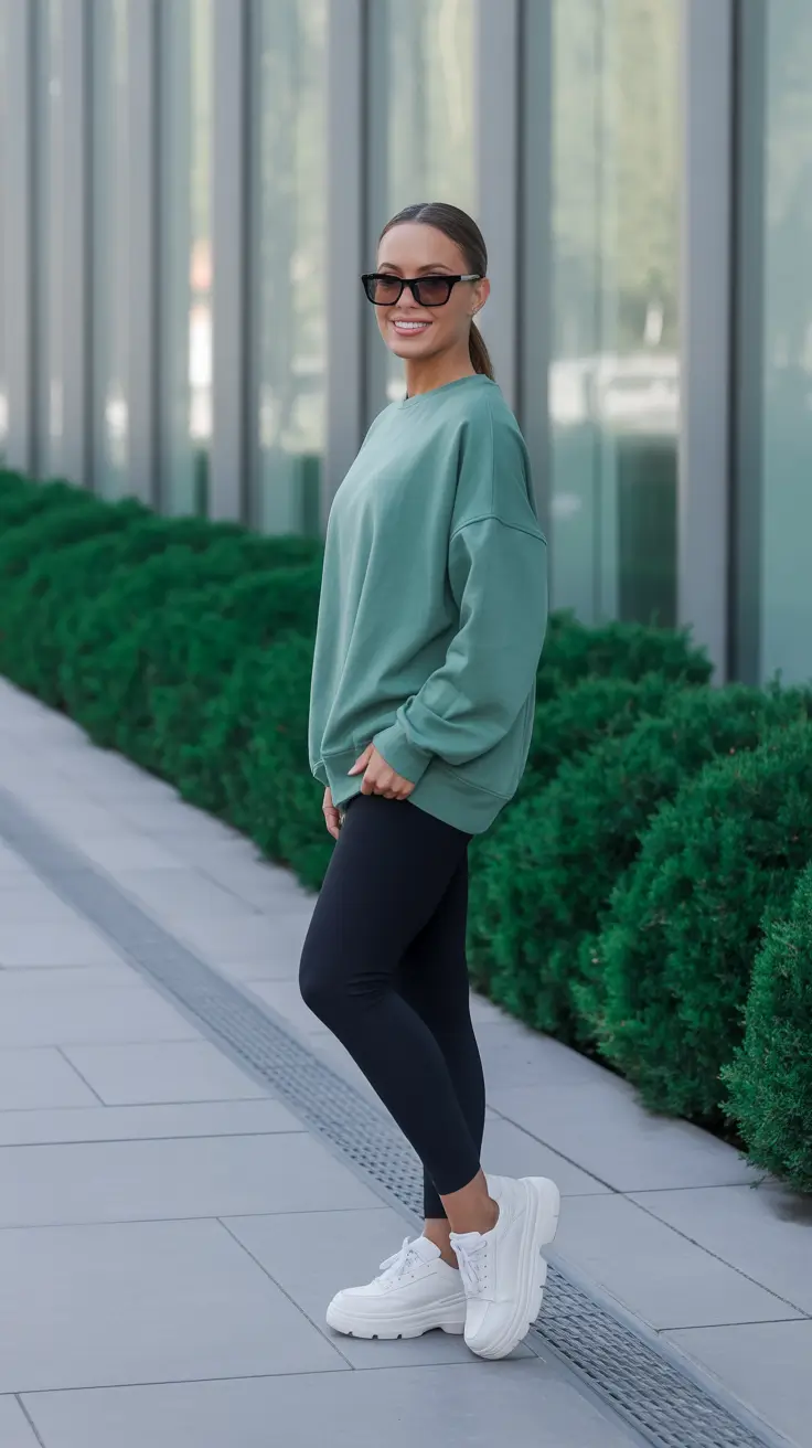 effortless leggings outfit spring 2026 + Green Sweatshirt Ease With Crisp White Sneakers