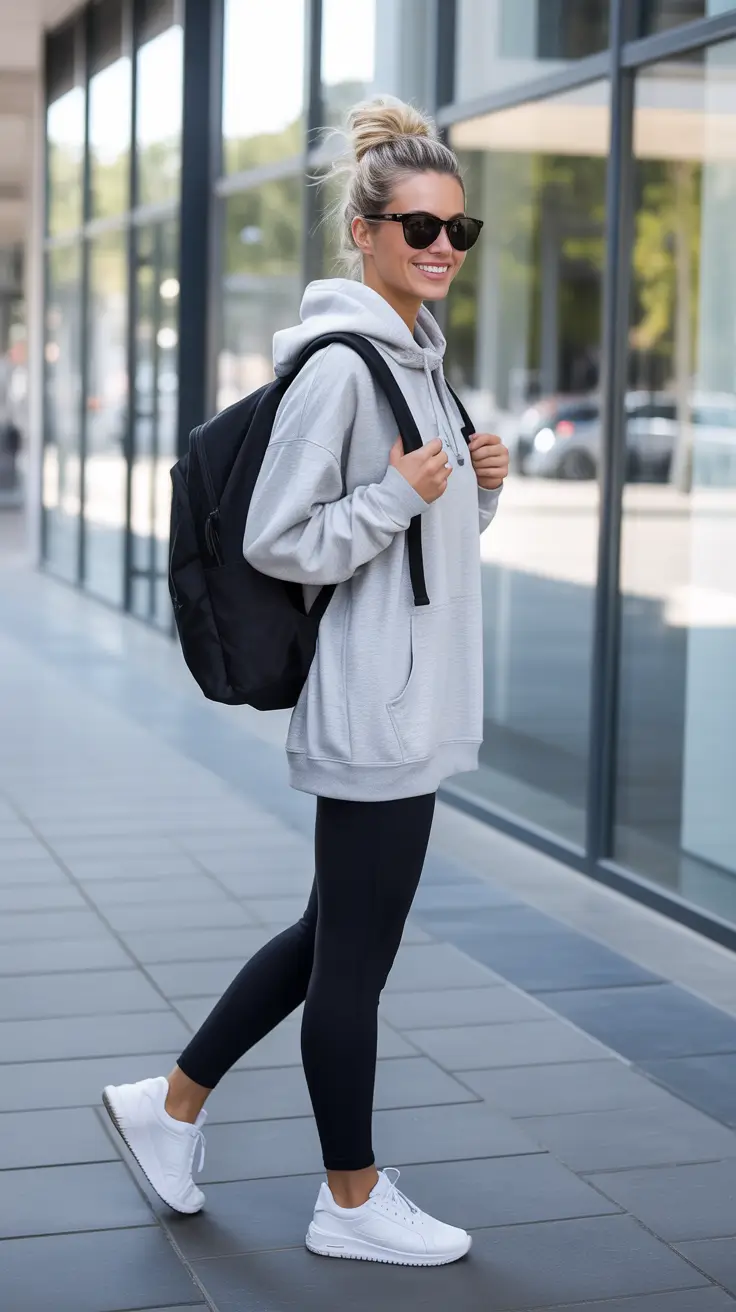 effortless leggings outfit spring 2026 + Grey Hoodie And Backpack For On-The-Go Days