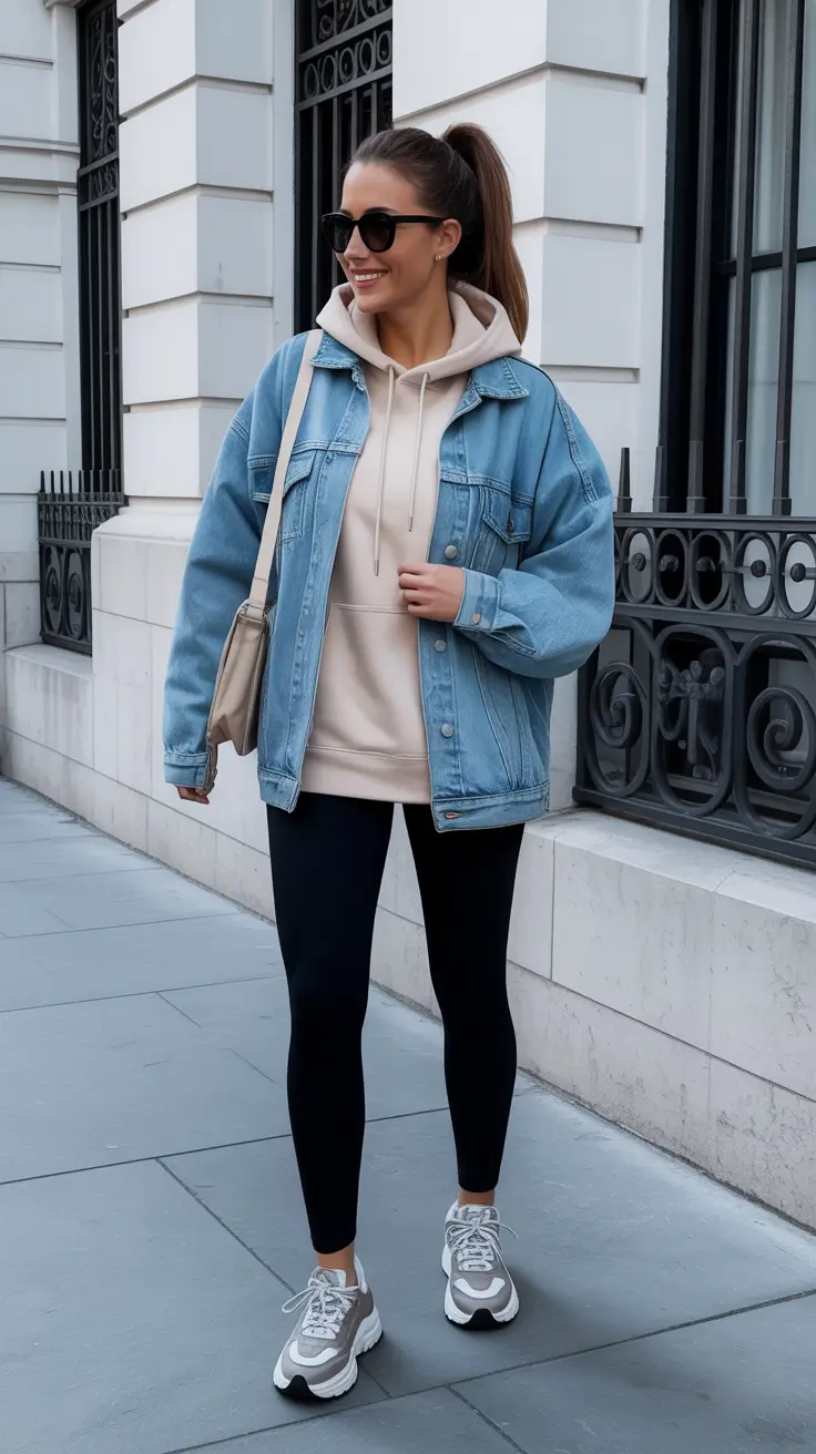 effortless leggings outfit spring 2026 Denim Jacket And Hoodie For Crisp Spring Errands