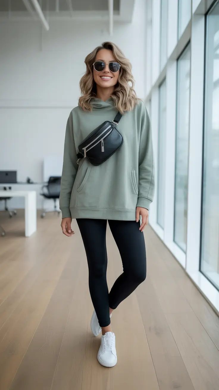 effortless leggings outfit spring 2026 Soft Green Hoodie With Sleek City Leggings