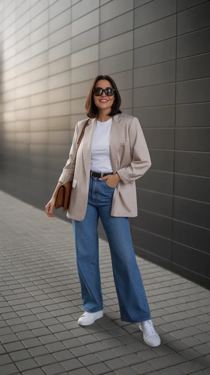 cute minimalist spring wardrobe ideas 2026 Beige Blazer And Wide-Leg Denim For Clean City Ease