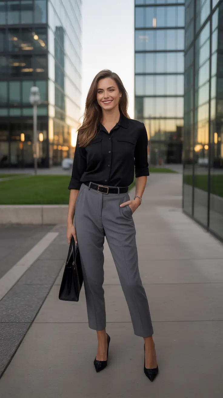 cute minimalist spring wardrobe ideas 2026 + Black Shirt And Gray Trousers The Modern Minimal Uniform
