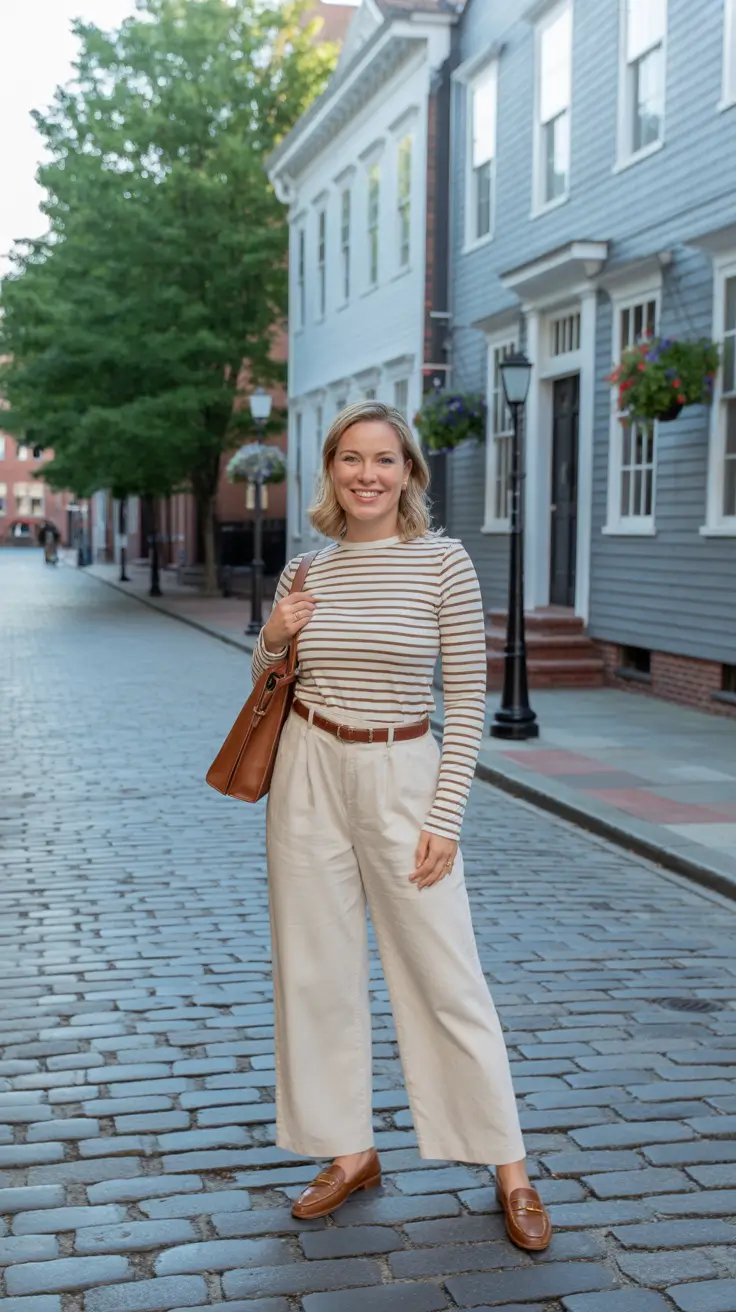 cute minimalist spring wardrobe ideas 2026 + Stripe Top And Wide Cream Pants For Easy Weekend Chic