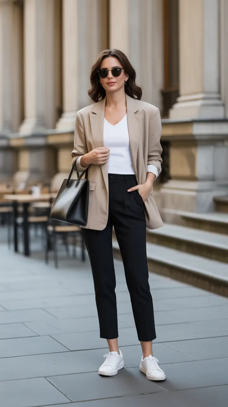 cute minimalist spring wardrobe ideas 2026 Taupe Blazer And Black Trousers - City Minimalism That Travels Well