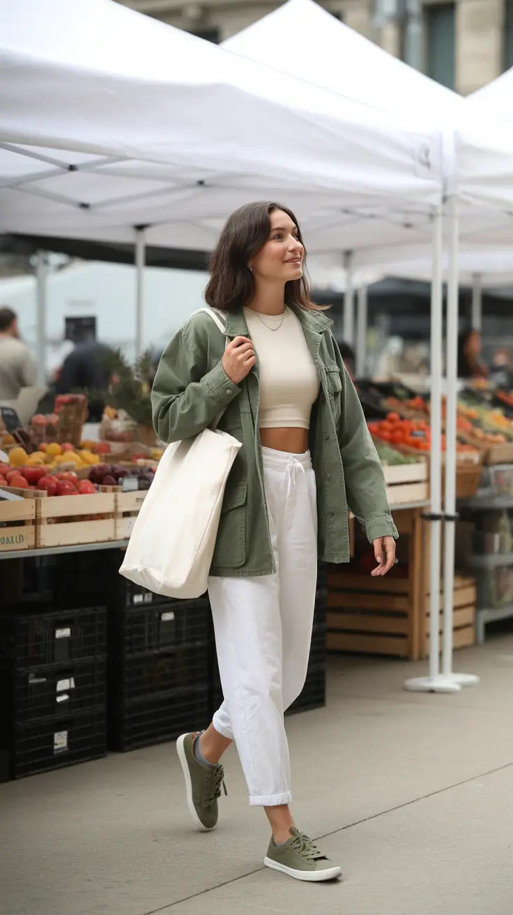 cute minimalist spring wardrobe ideas 2026 + Market Morning Utility Layers In Fresh Whites