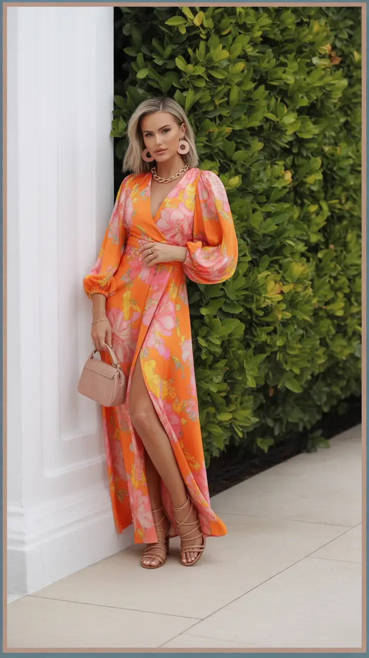 minimalist spring wedding guest outfit 2026 Warm Florals With a Sunset Palette