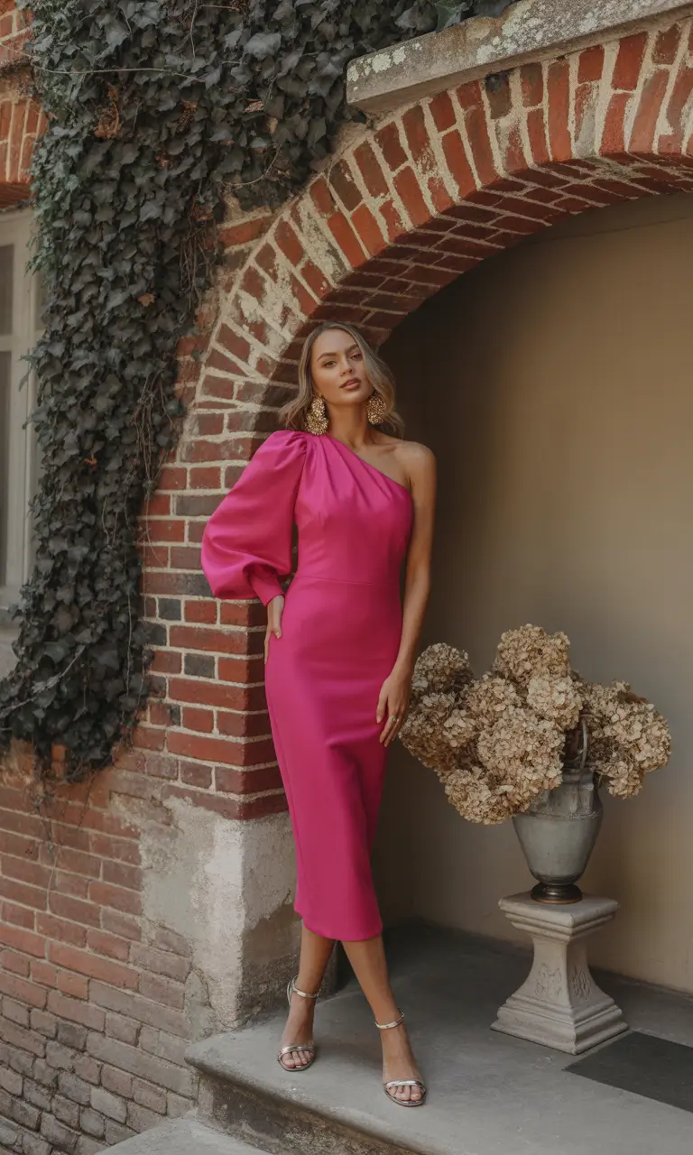 minimalist spring wedding guest outfit 2026 Bold Pink With Sculptural Simplicity