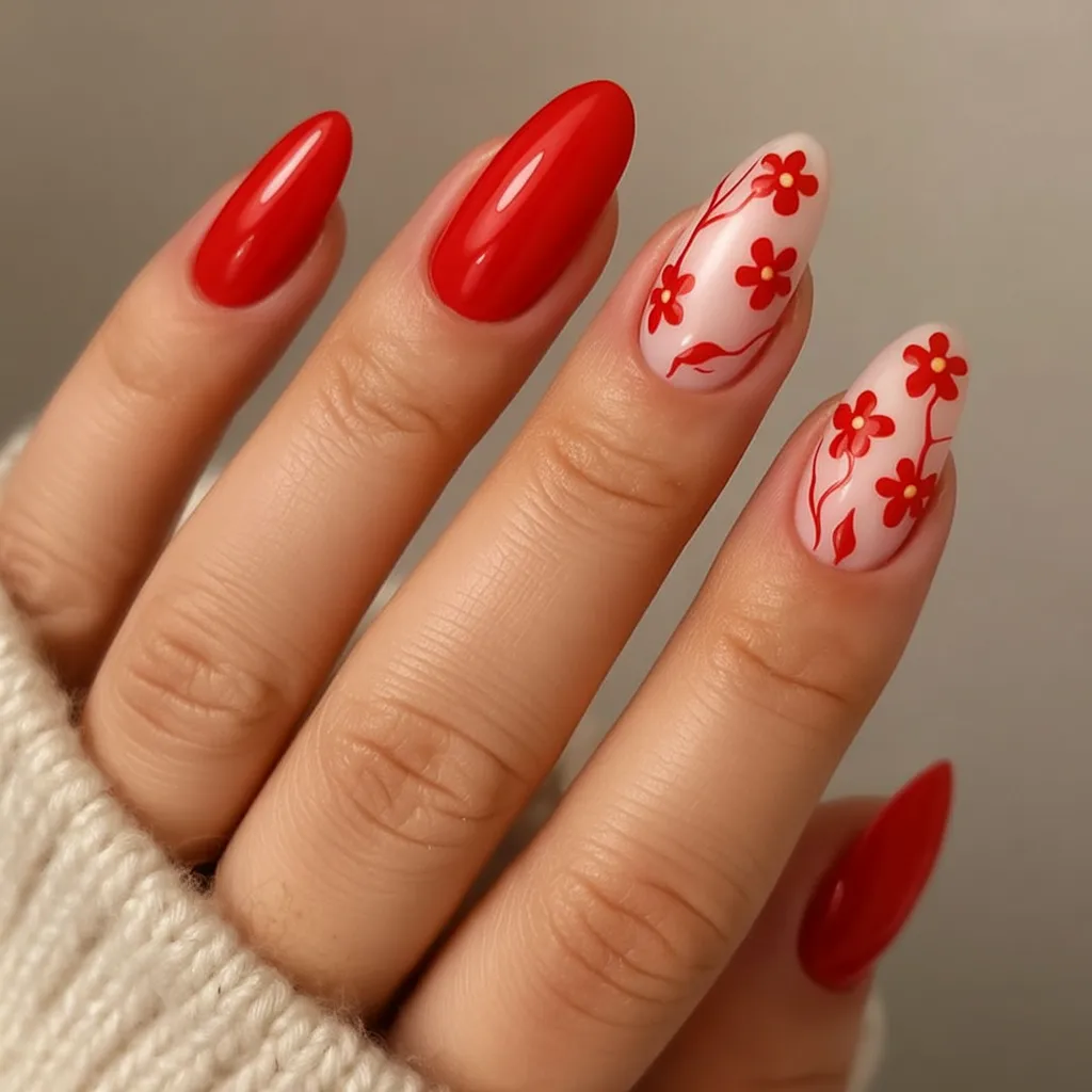 Red floral almond nails with soft pink base