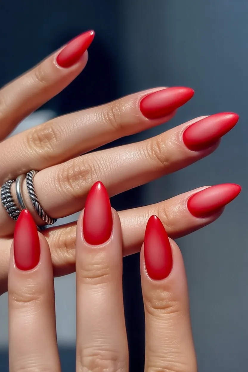 Matte red almond nails