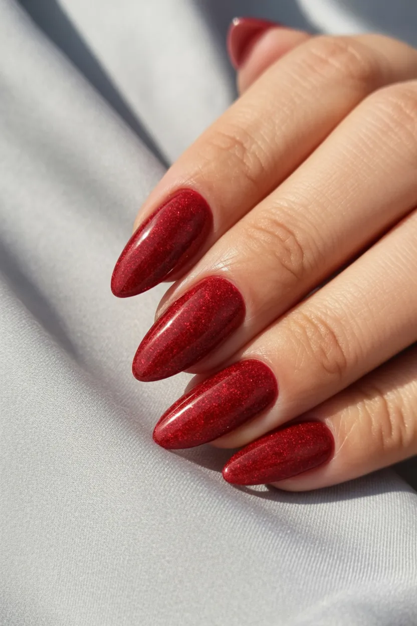 Shimmering dark red almond nails