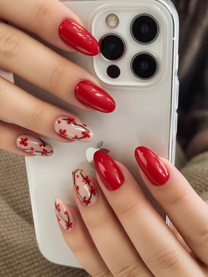 Red almond nails with cherry blossom art