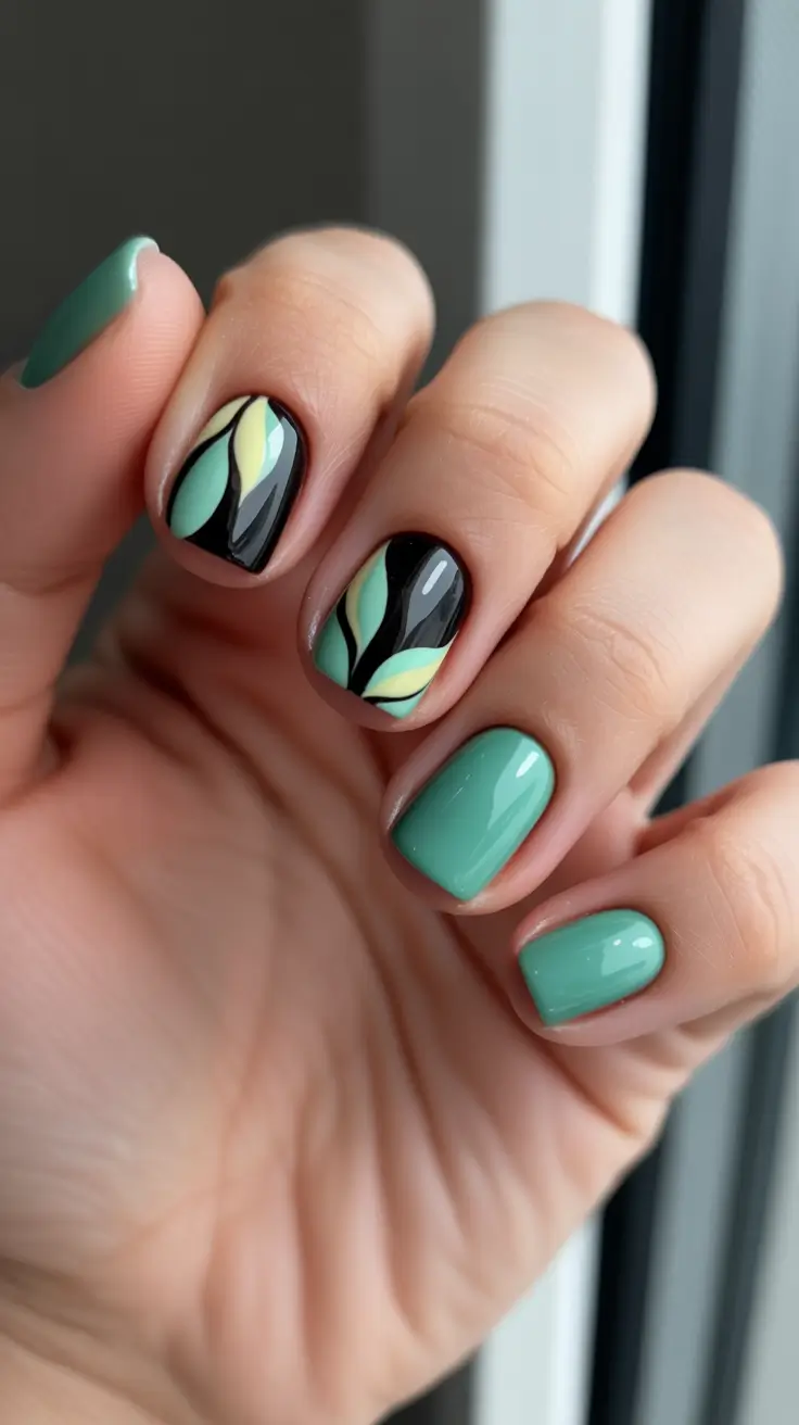 chic short spring nails 2026 + Mint And Noir Graphic Waves