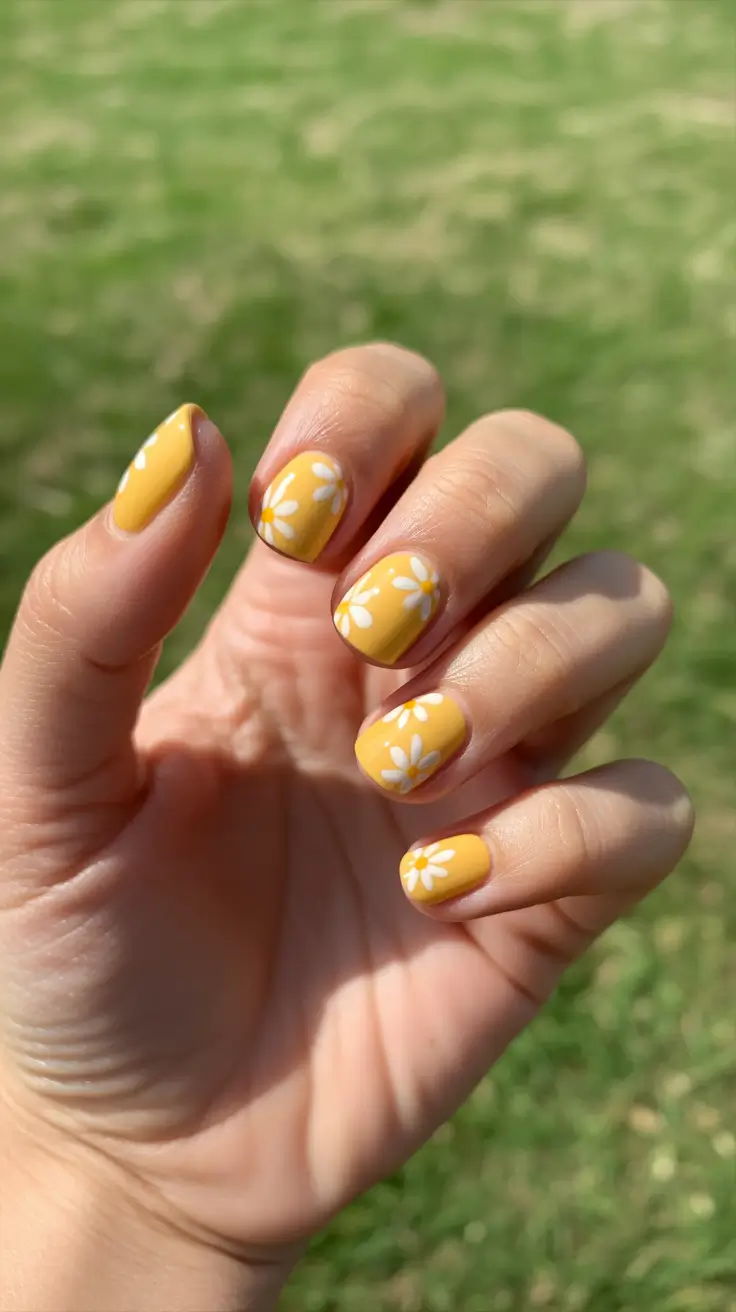 chic short spring nails 2026 + Sunny Mustard Daisies For Weekend Energy