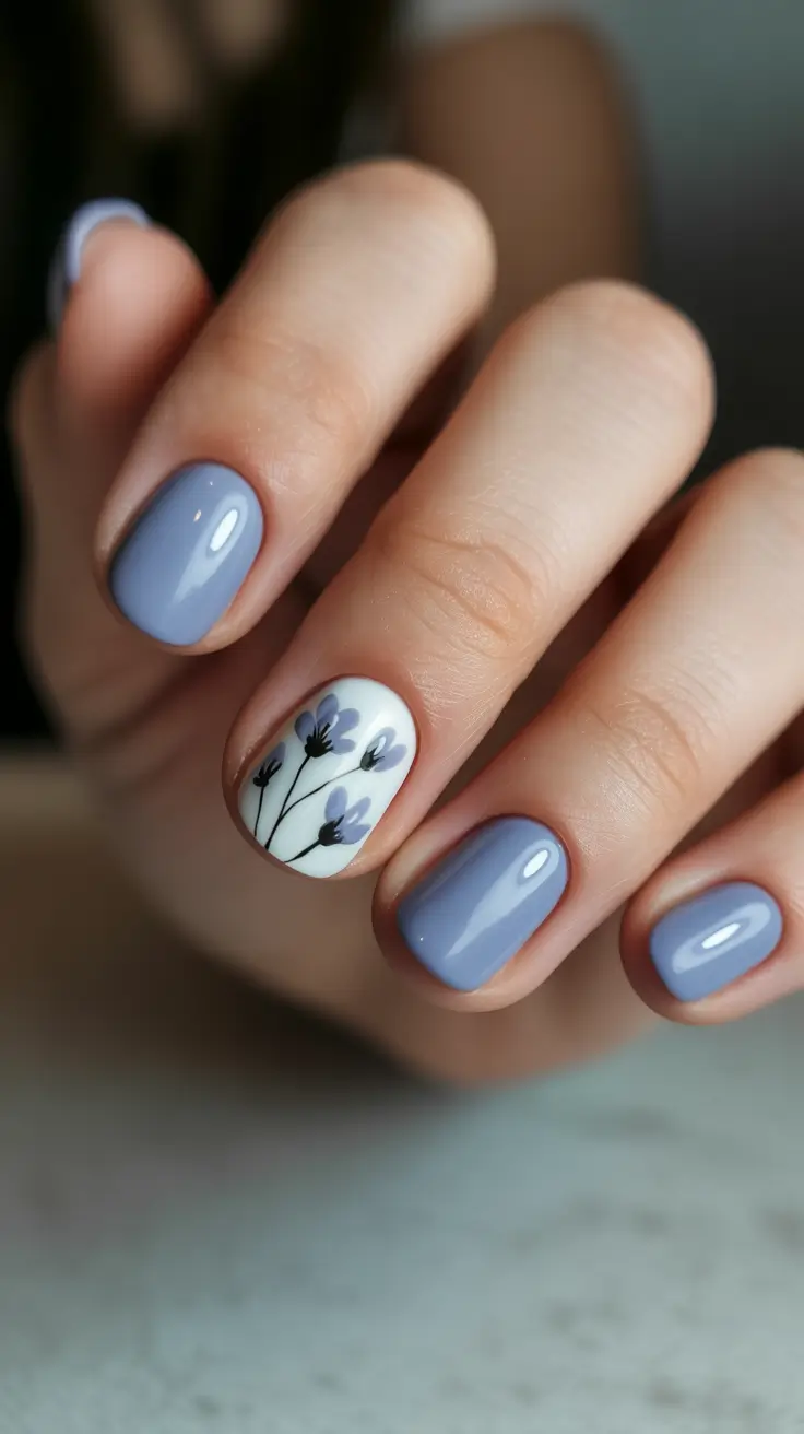 chic short spring nails 2026 + Powder Blue With A Single Wildflower Moment