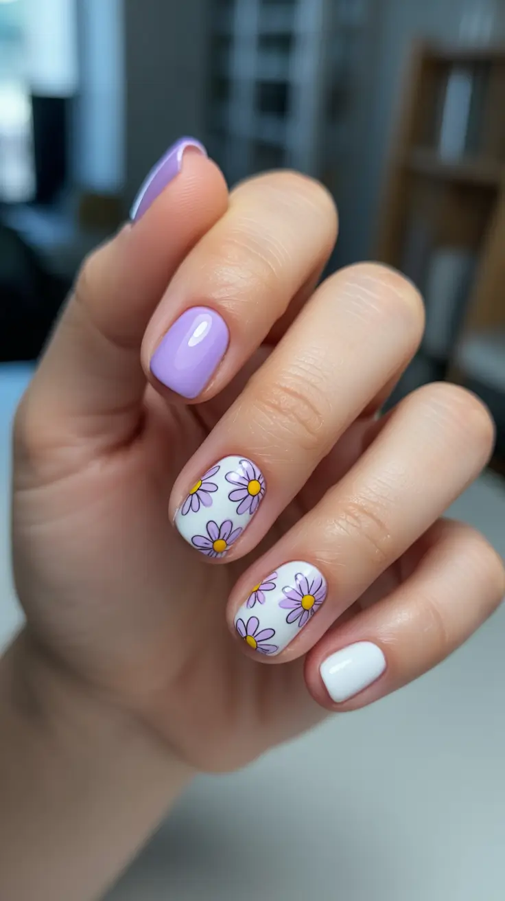 chic short spring nails 2026 + Lilac Daisies With A Clean White Pop