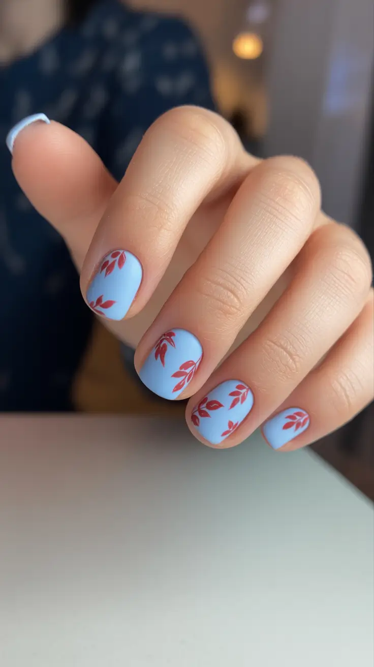 chic short spring nails 2026 + Sky Blue With Red Leaf Accents