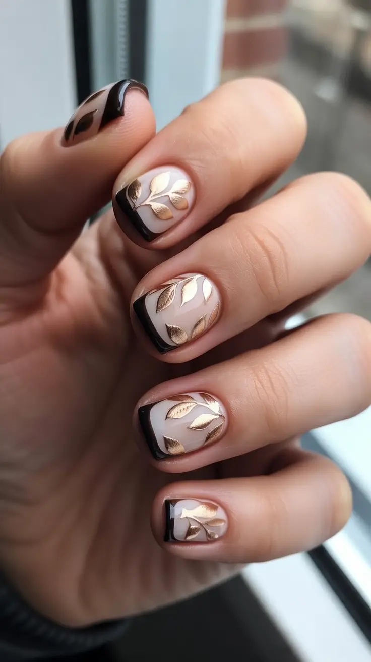 chic short spring nails 2026 + Black Micro French With Metallic Botanical Accents