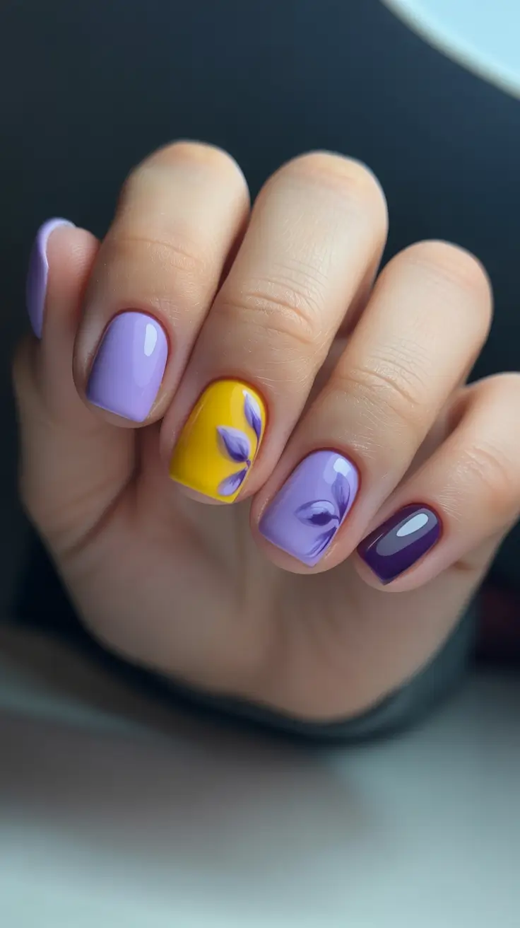 chic short spring nails 2026 + Lavender Mix With A Bold Yellow Accent
