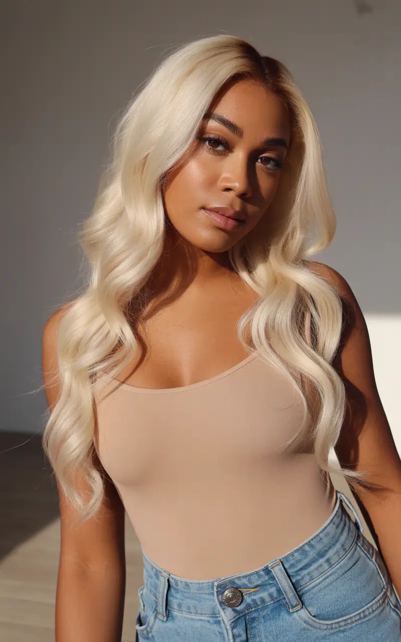 sophisticated spring hair color for dark skin 2026 Vanilla Cream Blonde with Soft Sunlit Waves