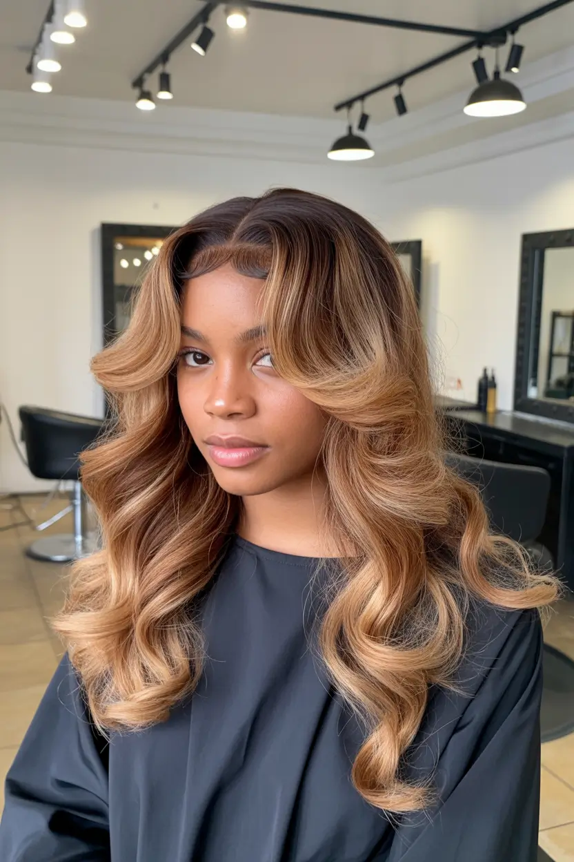 sophisticated spring hair color for dark skin 2026 Honeyed Caramel Balayage with Airy Volume