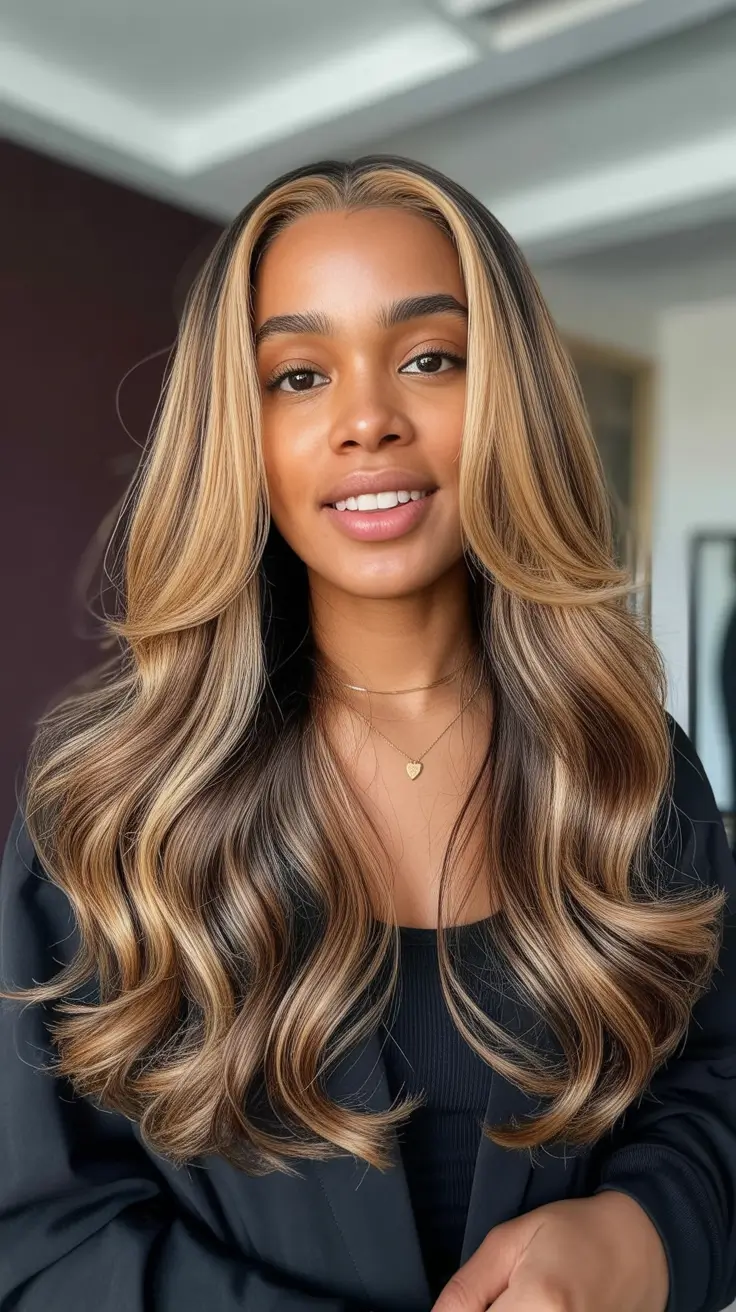 sophisticated spring hair color for dark skin 2026 Golden Face Framing Highlights with Lush Volume