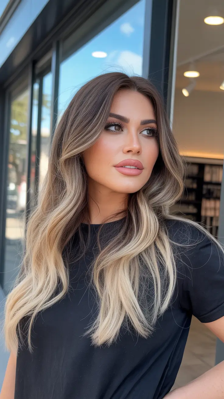 fresh spring balayage hair color 2026 + Cool Brunette Fade Into Creamy Blonde Ends