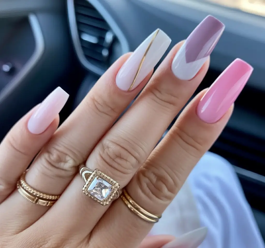 soft spring ballerina nails 2026 + Pastel Color Block With A Gold Accent Line