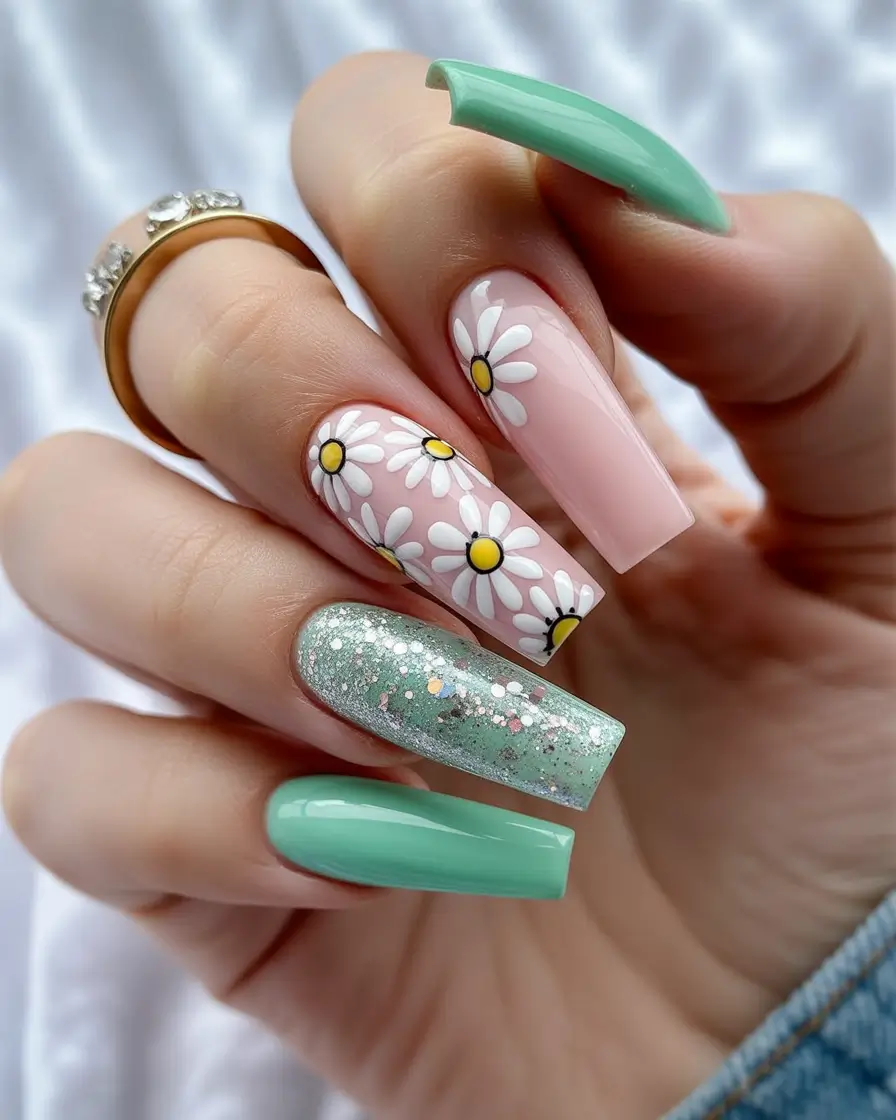 soft spring ballerina nails 2026 + Daisy Garden Accents With Mint And Glitter