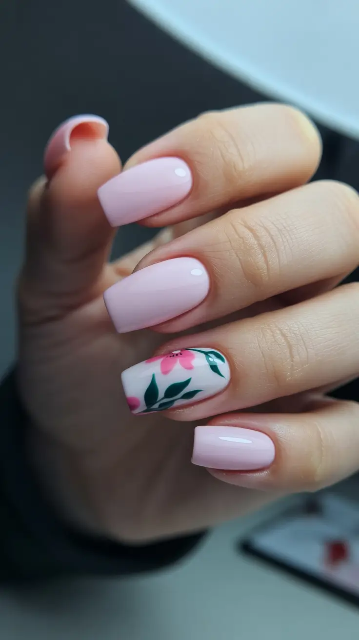 soft spring ballerina nails 2026 + Soft Pink Minimalism With A Tiny Floral Accent