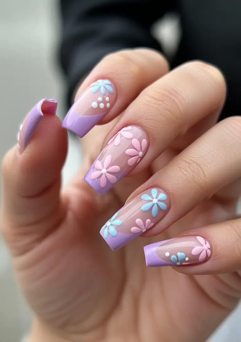 soft spring ballerina nails 2026 + Lavender French Tips With Pastel Blossom Stickers