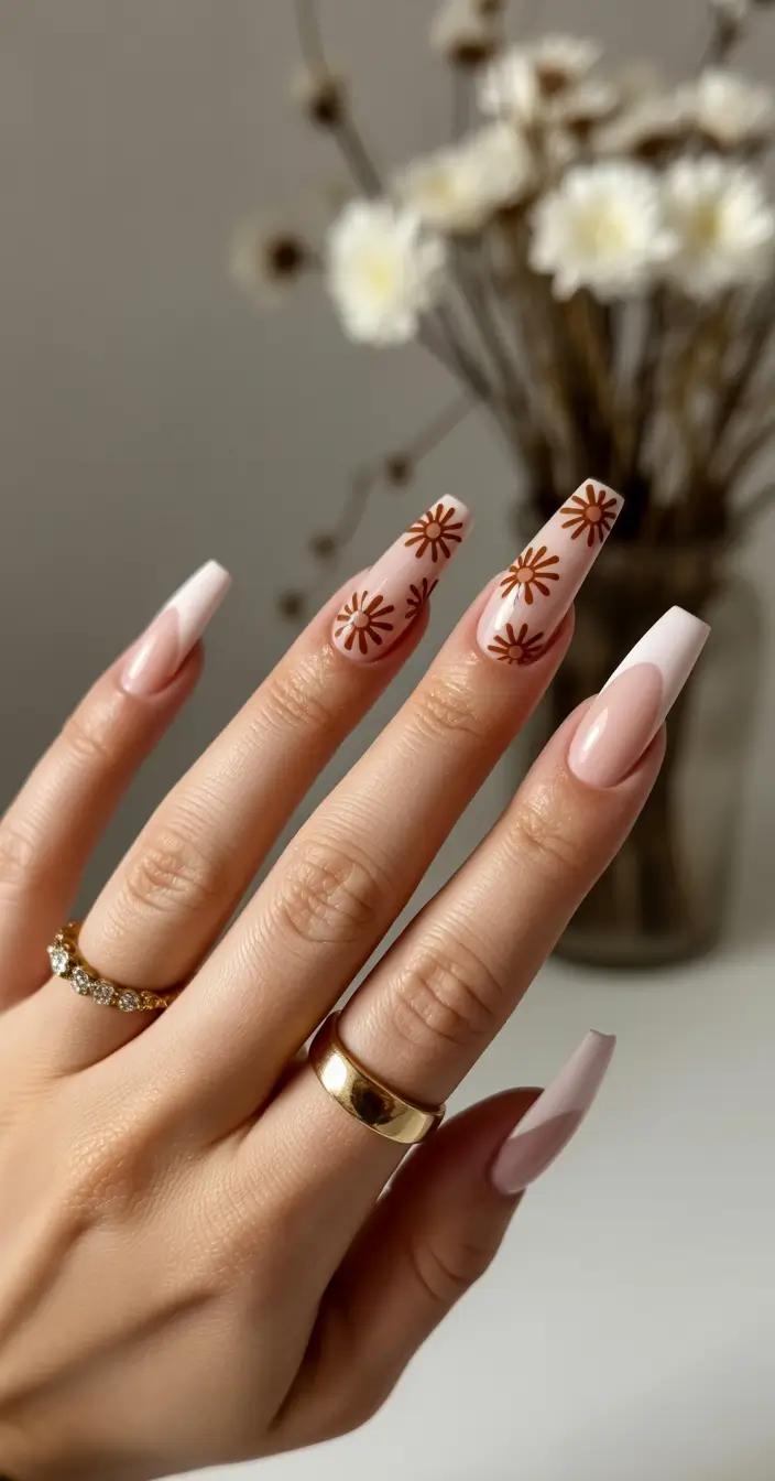 soft spring ballerina nails 2026 + Warm Daisy Accents With A Modern French Mix