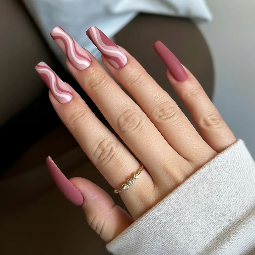 soft spring ballerina nails 2026 + Blush Wave Swirls With A Matte Rose Accent