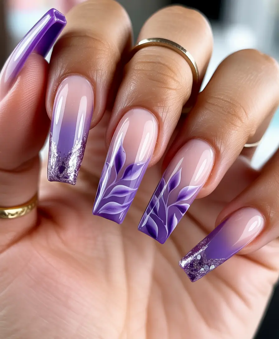 soft spring ballerina nails 2026 + Lavender Aura With Soft Leaf Art And Sparkle