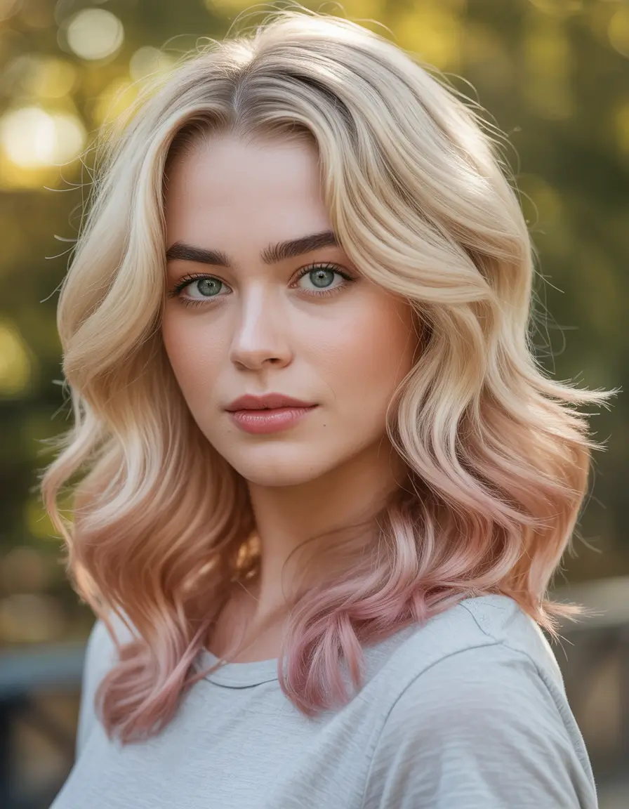 modern spring blonde hair color inspiration 2026 Soft Pink-Touched Blonde Waves