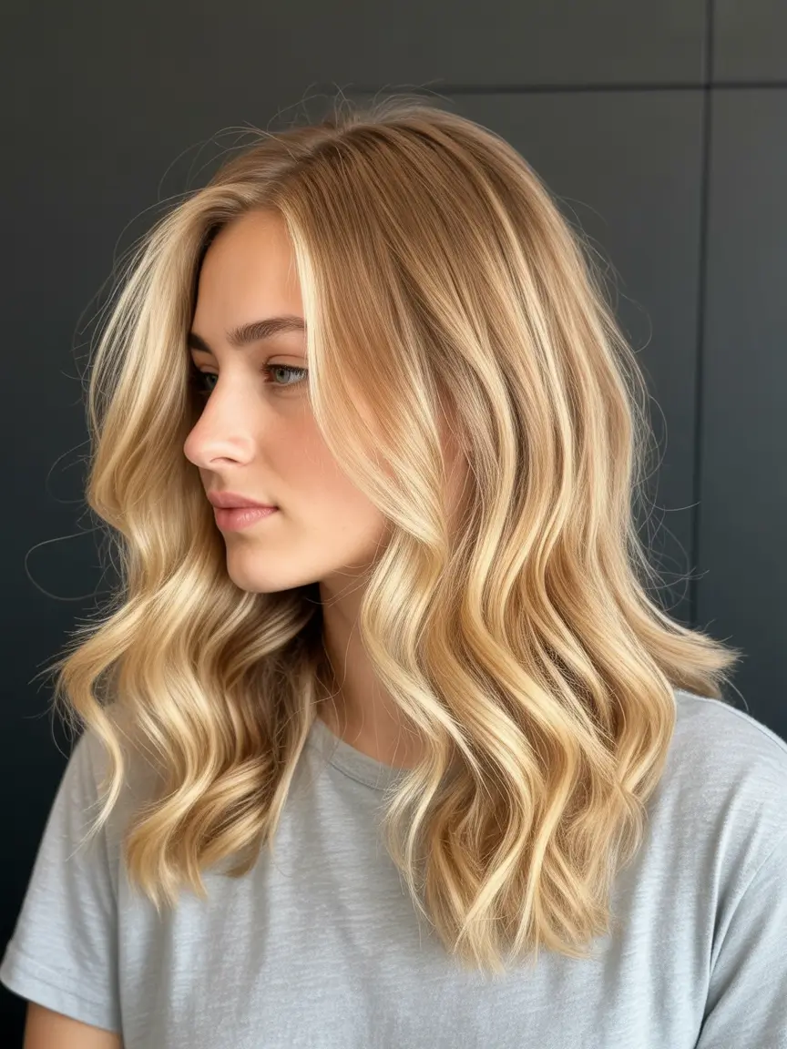 modern spring blonde hair color inspiration 2026 Golden Beige Waves With Modern Softness