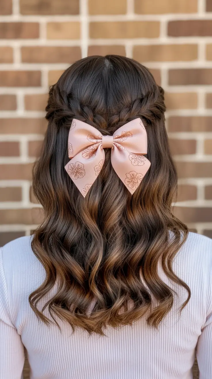 elegant spring bow hairstyles for 2026 + Double Braided Crown With A Pink Bow And Soft Waves
