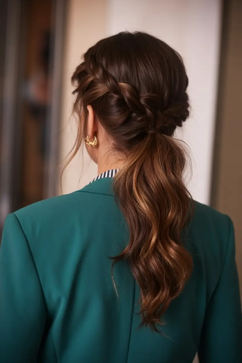 easy spring braids hairstyles 2026 + Braided Crown Twist With A Low Ponytail And Soft Waves