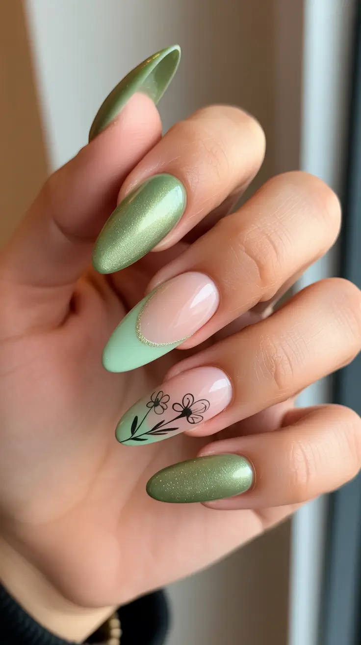 chic spring break nails 2026 + Olive Shimmer Almond With Mint French And Sketch Florals