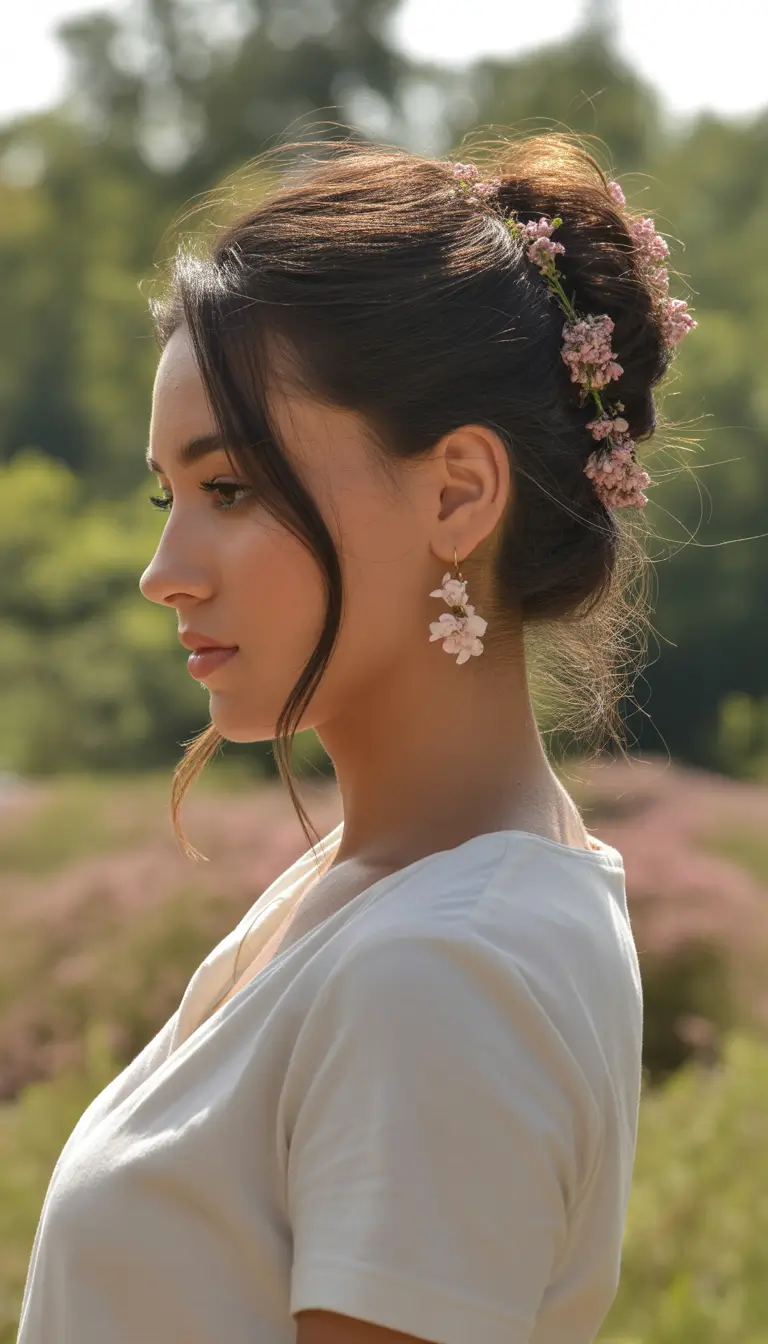 cute easy spring hairstyles 2026 + Garden Party Low Bun With Tiny Blossoms