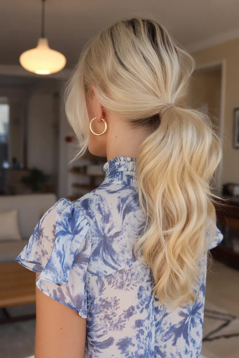 cute easy spring hairstyles 2026 + Relaxed Low Ponytail With Soft, Brushed-Out Waves