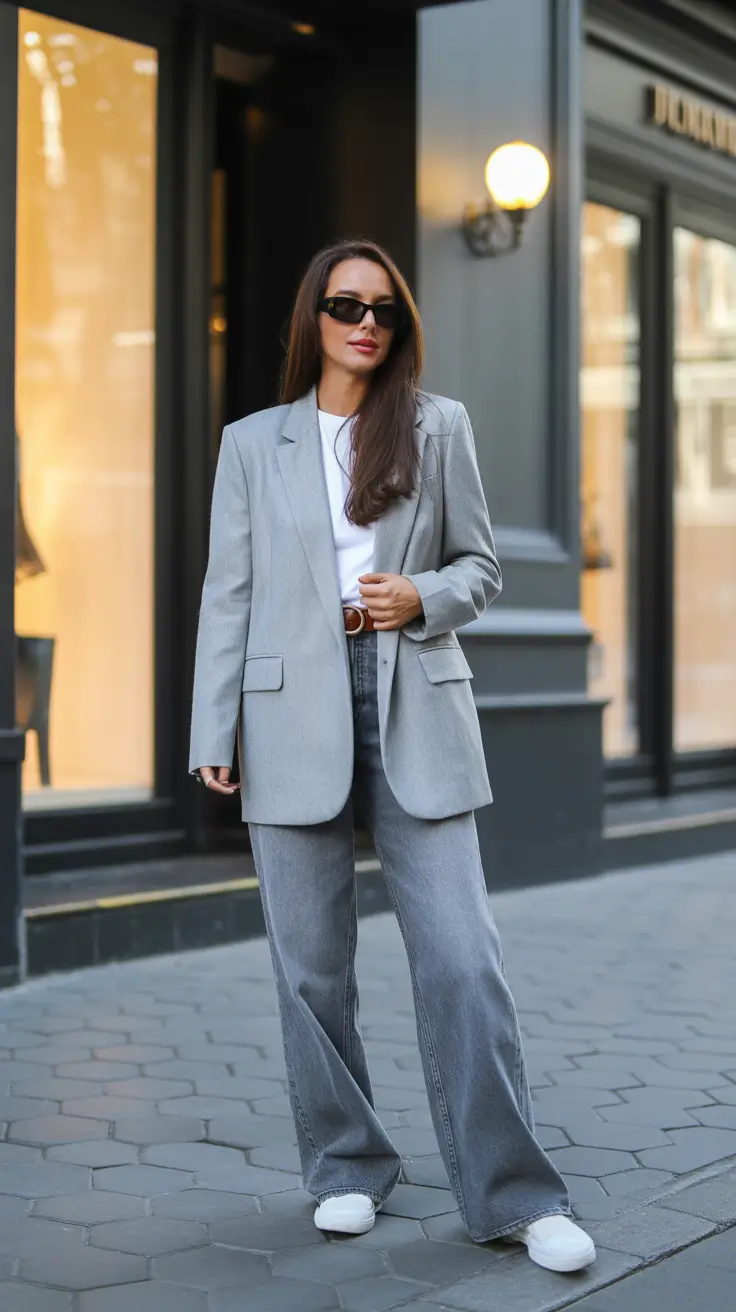 stylish spring fashion trends 2026 Soft Gray Tailoring With Relaxed Denim