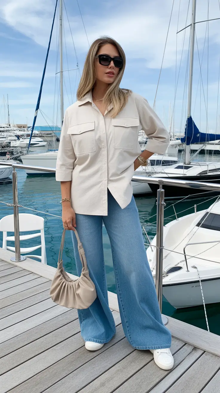 stylish spring fashion trends 2026 Coastal Minimalism With A Utility Shirt And Wide-Leg Denim
