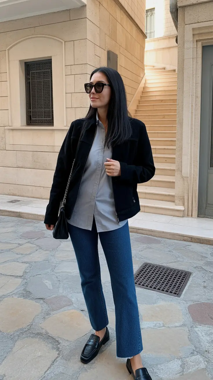 stylish spring fashion trends 2026 Relaxed Smart Layers With A Black Jacket And Gray Shirt