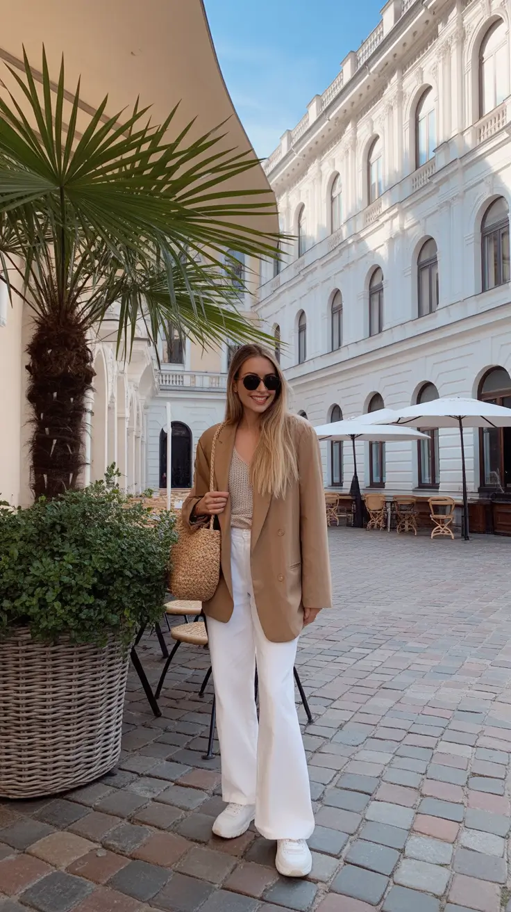 stylish spring fashion trends 2026 Warm Camel Blazer And White Wide-Leg Pants